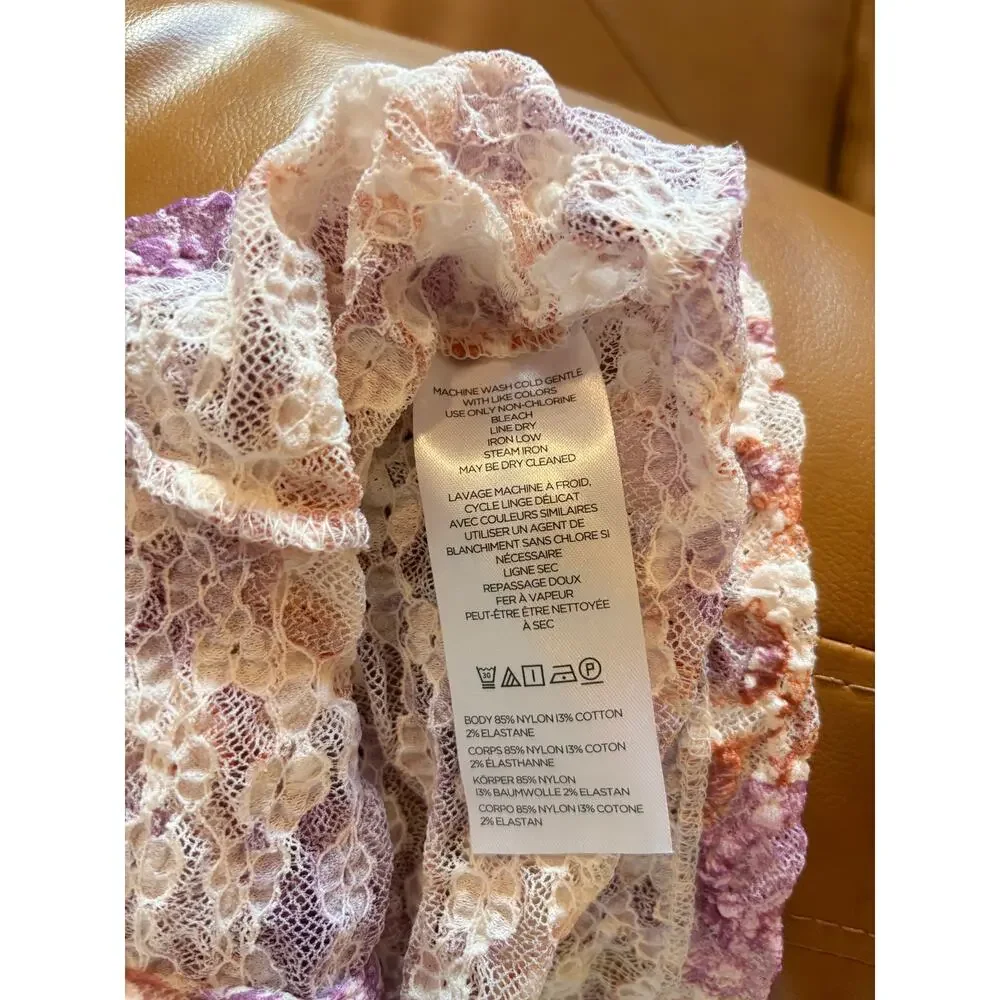 Anthropologie Sheer Lace Puff-Sleeve Top S Purple Tie Front Puff Sleeve NWOT
